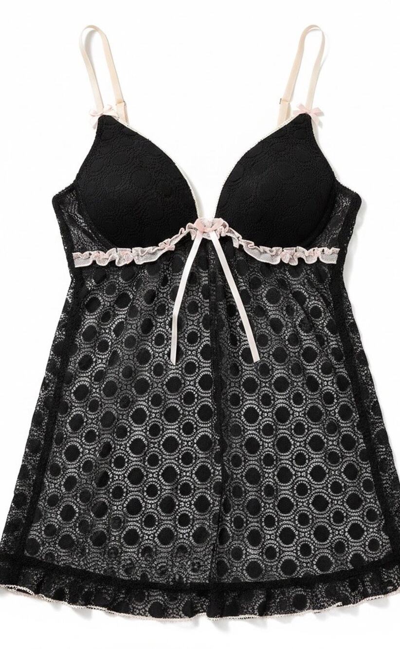Y2K Linea Donatella Black Sheer Babydoll Chemise Polkadot Pink Trim Balletcore L